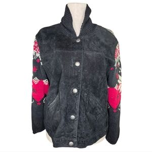 Coldwater Creek Suede Fair Isle Knit Jacket PXL Nordic Cottagecore Winter Coat